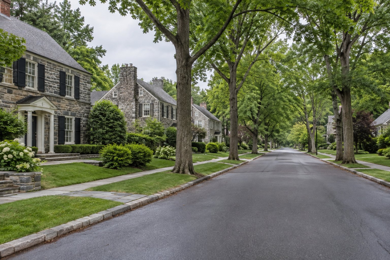 A quiet residential Main Line Pennsylvania street, illustrative