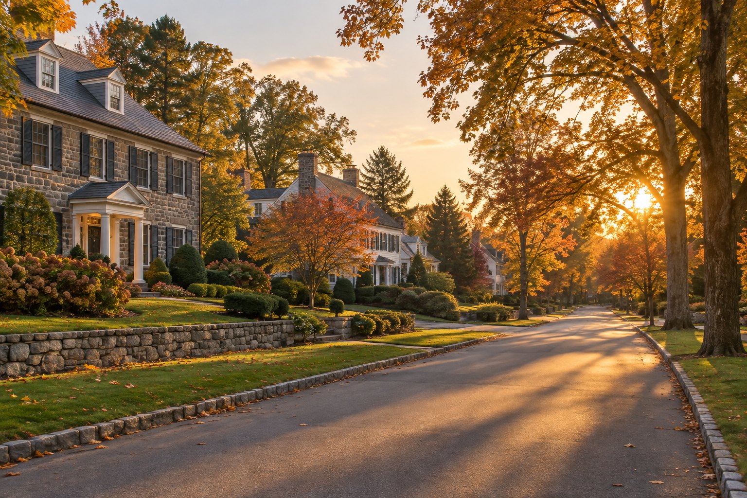A quiet Wayne Pennsylvania Main Line neighborhood street at golden hour, illustrative