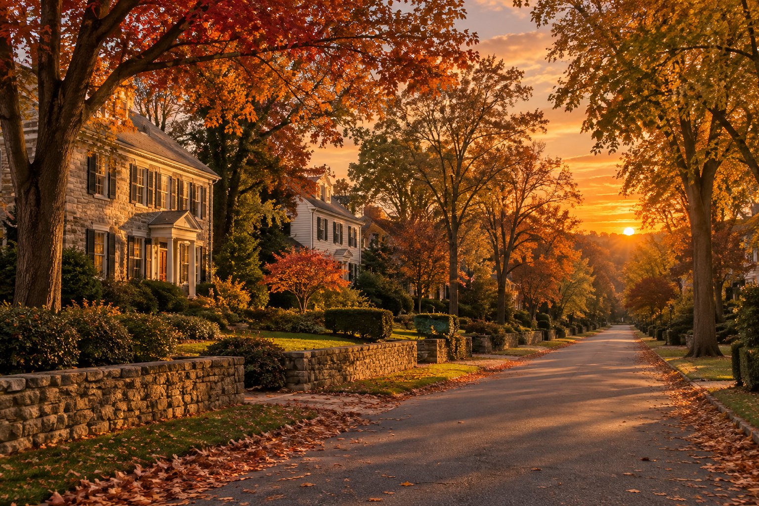 A tree lined Main Line Pennsylvania suburban street at sunset, illustrative