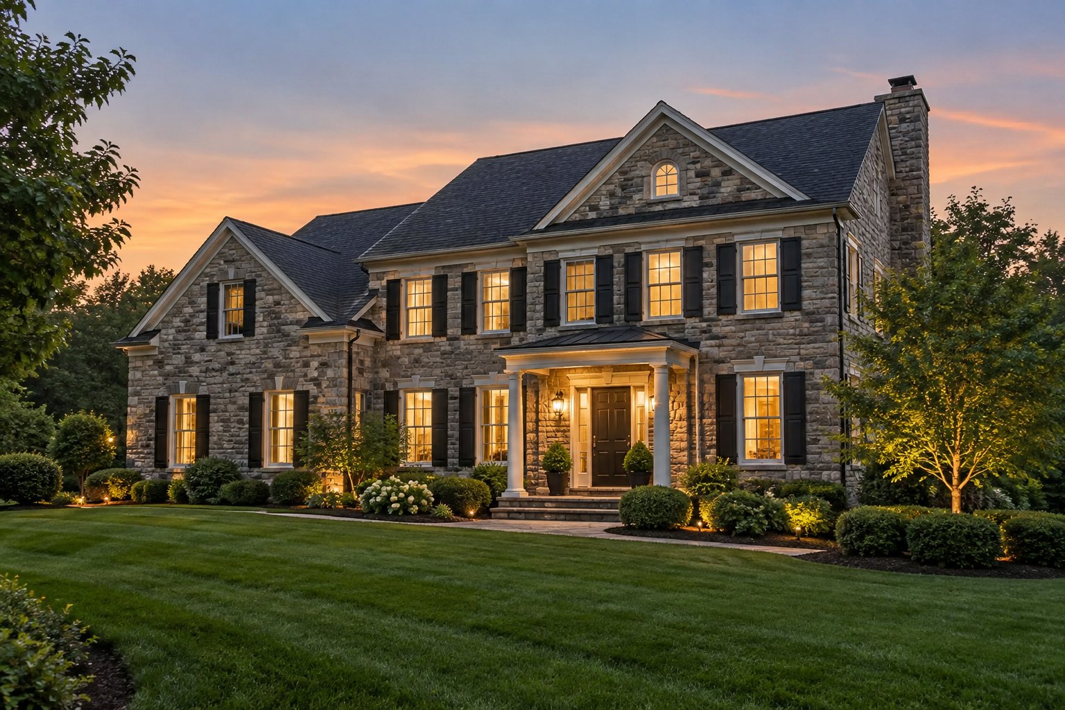 An elegant Main Line Pennsylvania home exterior at dusk, illustrative