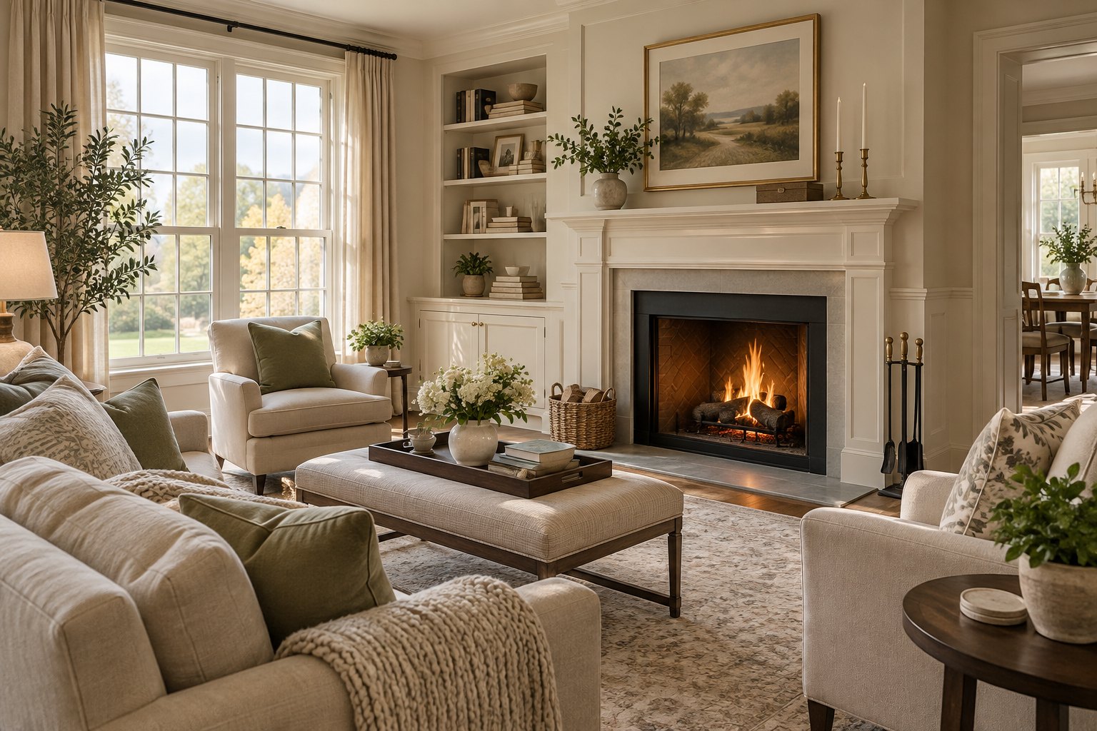 A cozy Main Line Pennsylvania living room, illustrative